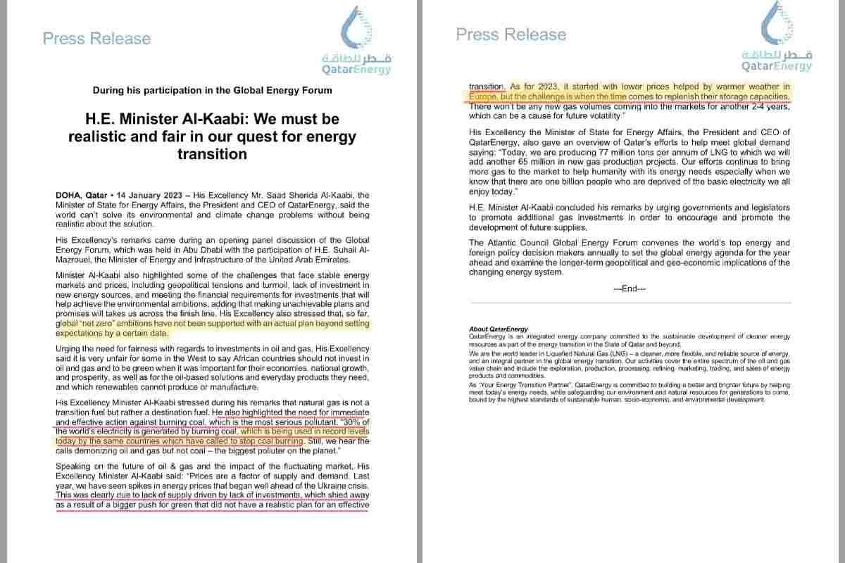 Il comunicato stampa del Ministro dell'Energia del Qatar Al-Kaabi dopo il Forum Globale dell'Energia - Missione Risparmio.