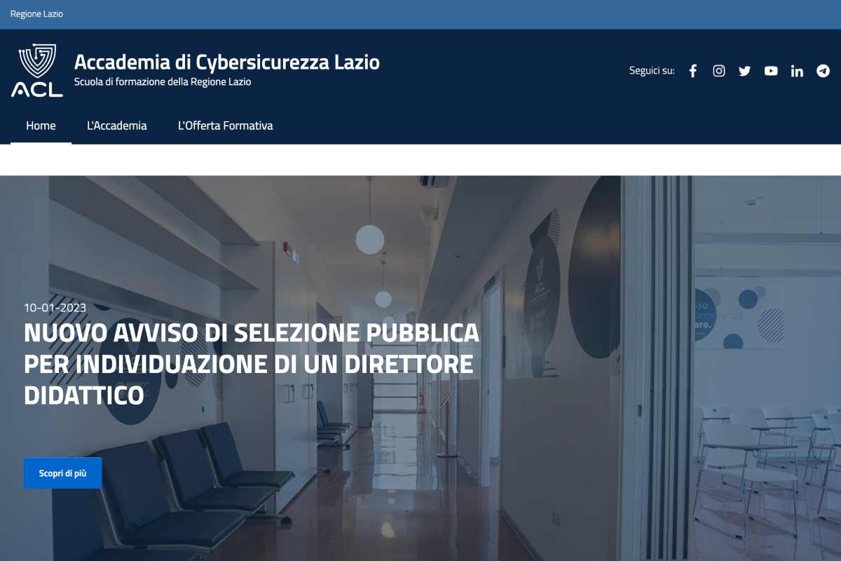 L'annuncio di lavoro sul sito web dell'Accademia di Cybersicurezza Lazio